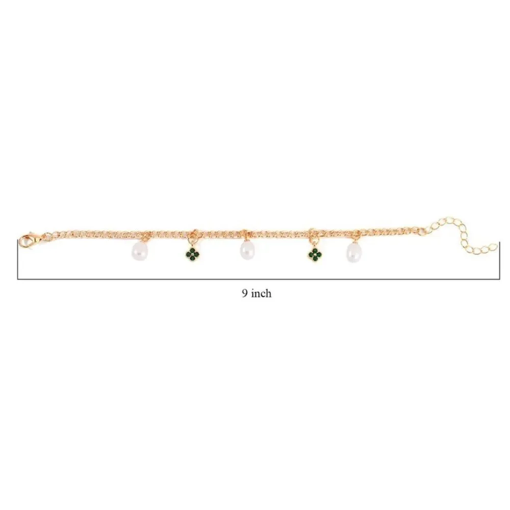 White Freshwater Pearl & Green Austrian Crystal Clover Bracelet nwt